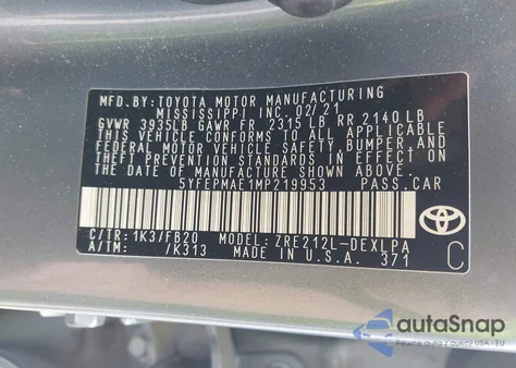 2021 Toyota Corolla Le from USA, damaged, VIN 5YFEPMAE1MP219953